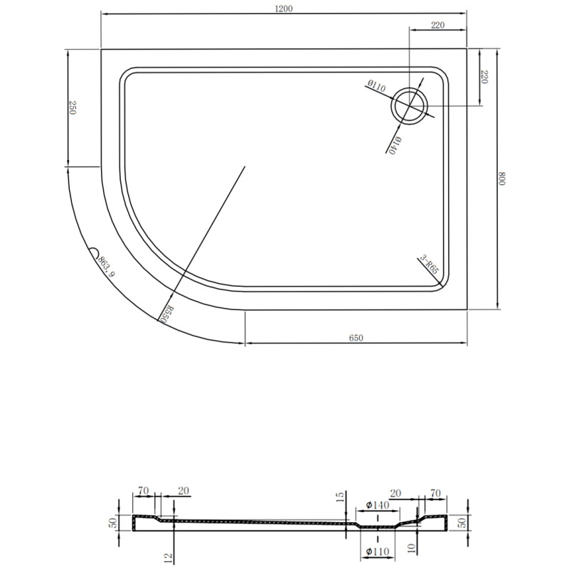 Mexen Flat polkruhový sprchový kút slim pravý 120 x 80 cm, biely, sifón chróm - 41108012P