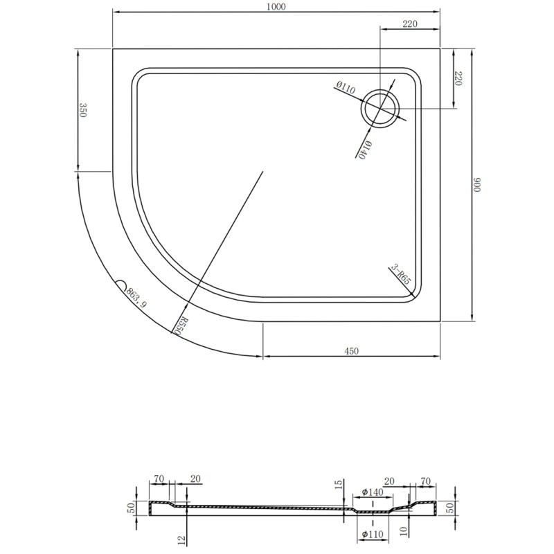 Mexen Flat sprchová vanička polkruhová slim pravá 100 x 90 cm, čierna, sifón chróm - 41709010P