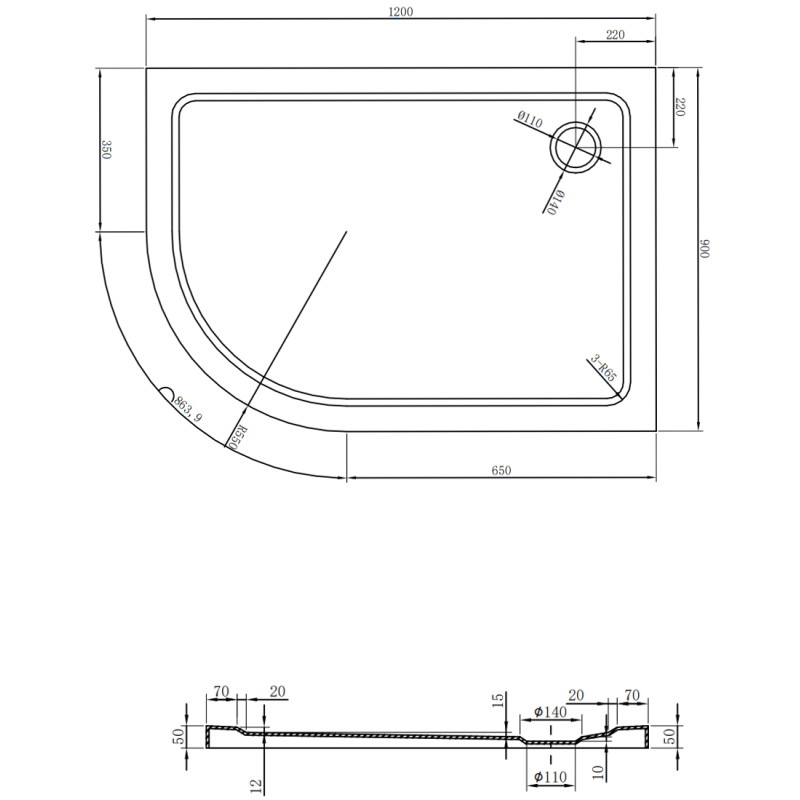 Mexen Flat sprchová vanička polkruhová slim pravá 120 x 90 cm, biela, sifón zlatý - 41109012P-G