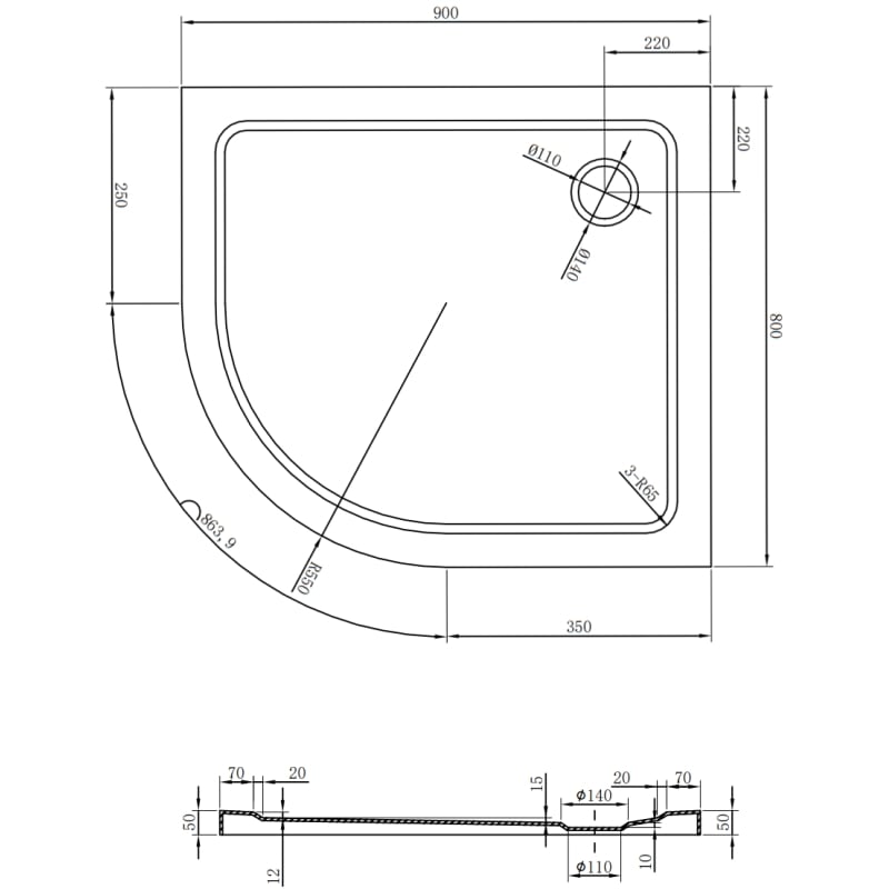 Mexen Flat sprchová vanička polkruhová slim pravá 90 x 80 cm, čierna, sifón zlatý - 41708090P-G