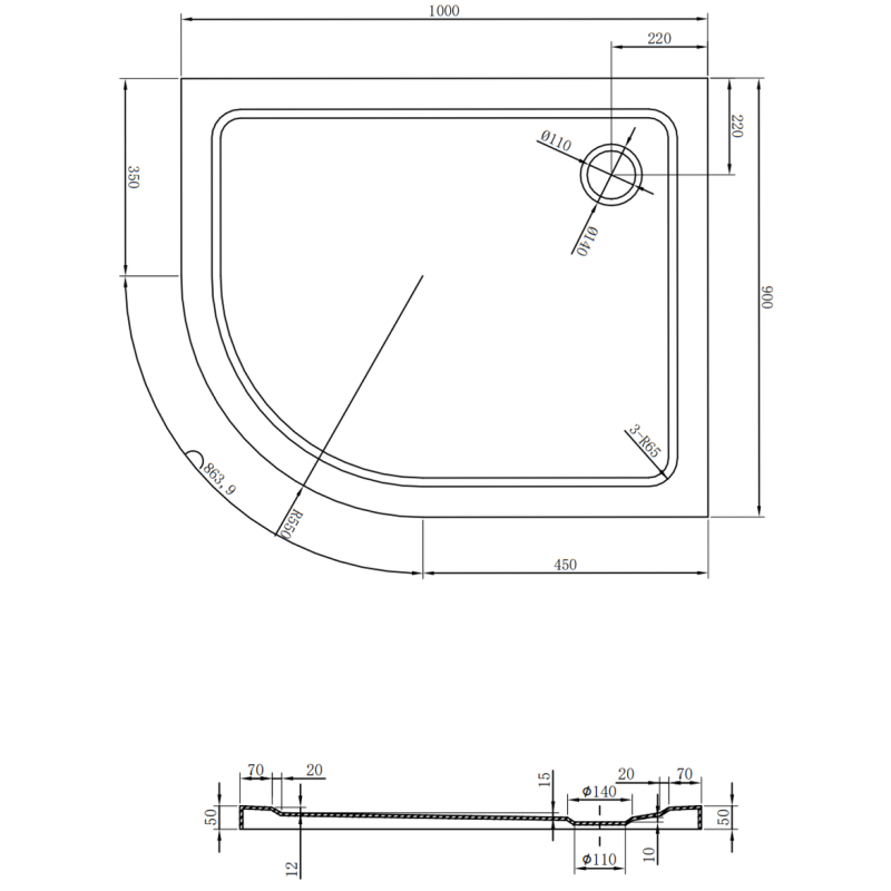Mexen Flat sprchová vanička polkruhová slim pravá 100 x 90 cm, biela, sifón čierny - 41109010P-B