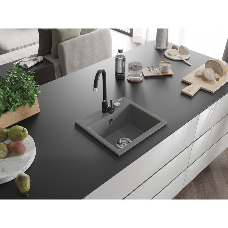 Mexen Milo žulový kuchynský drez 1-komorový s kuchynskou batériou Telma, sivý - 6505-71-670200-70