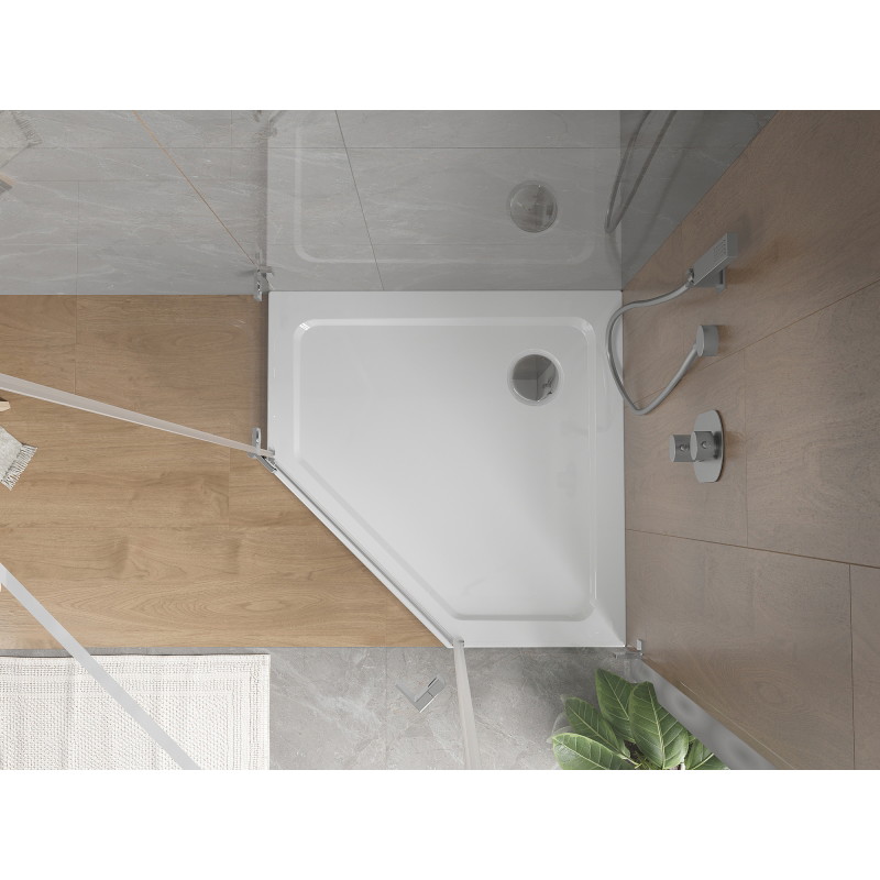 Mexen Flat pentagonálny sprchový kút slim 80 x 80 cm, biely, sifón chróm - 41P108080