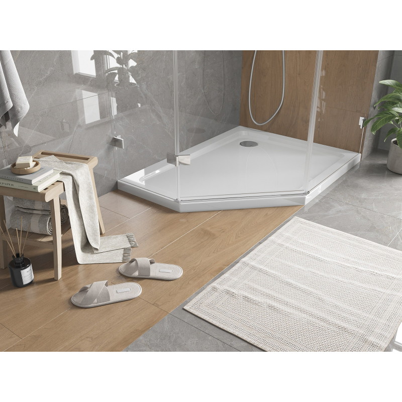 Mexen Flat päťuholníkový sprchový kút slim pravý 90 x 80 cm, biely, sifón chróm - 41P108090R