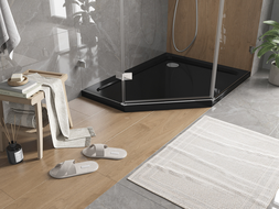 Mexen Flat pentagonálny sprchový kút slim pravý 100 x 80 cm, čierny, sifón chróm - 41P708010R