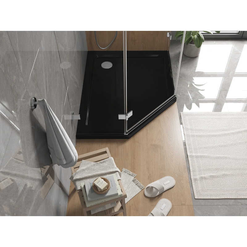 Mexen Flat pentagonálny sprchový kút slim pravý 100 x 80 cm, čierny, sifón chróm - 41P708010R