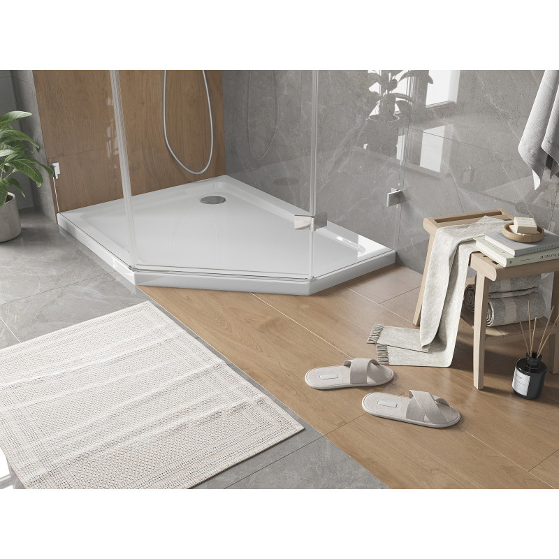 Mexen Flat pentagonálny sprchový kút slim ľavý 100 x 90 cm, biely, sifón chróm - 41P109010L