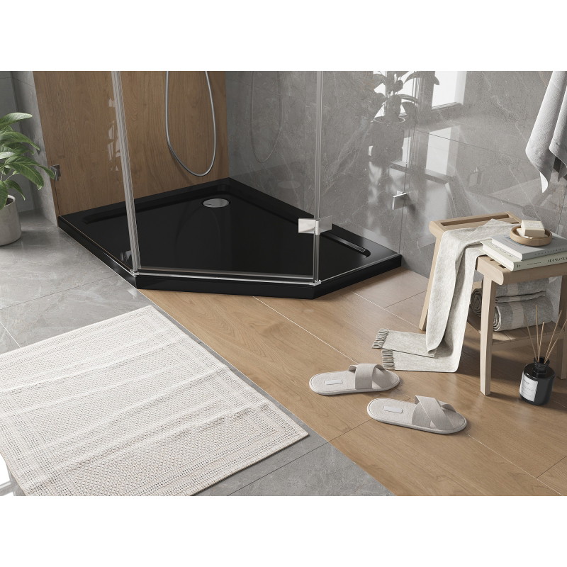 Mexen Flat päťuholníkový sprchový kút slim ľavý 90 x 80 cm, čierny, sifón chróm - 41P708090L