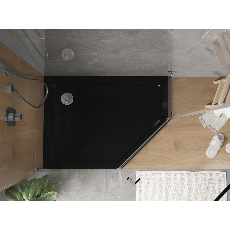 Mexen Flat päťuholníkový sprchový kút slim ľavý 100 x 80 cm, čierny, sifón chróm - 41P708010L