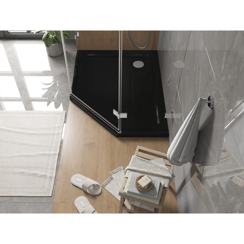 Mexen Flat päťuholníkový sprchový kút slim ľavý 100 x 80 cm, čierny, sifón chróm - 41P708010L