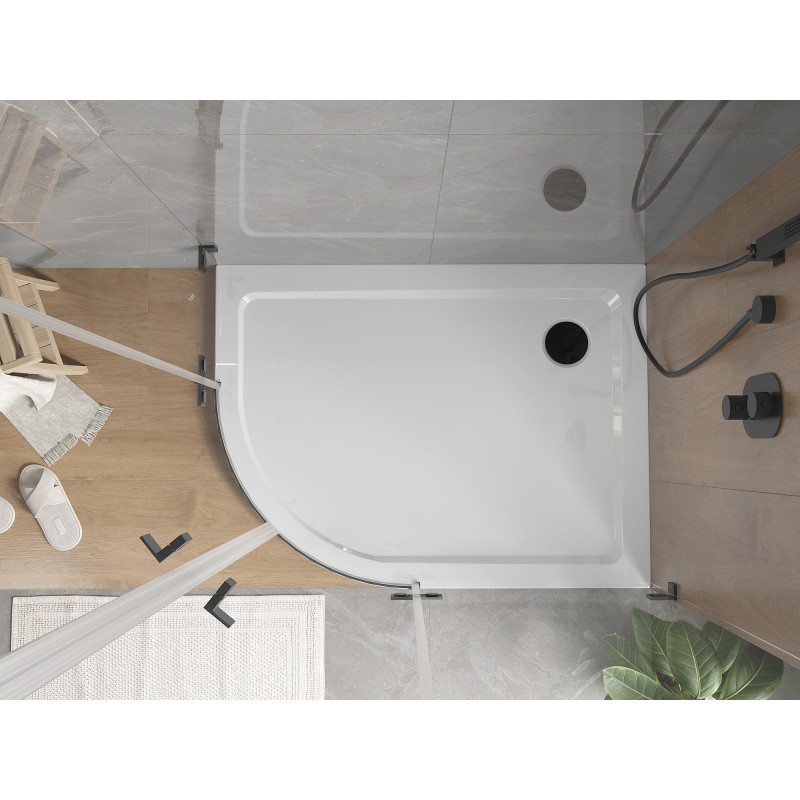 Mexen Flat polkruhový sprchový kút slim pravý 120 x 80 cm, biely, čierny sifón - 41108012P-B