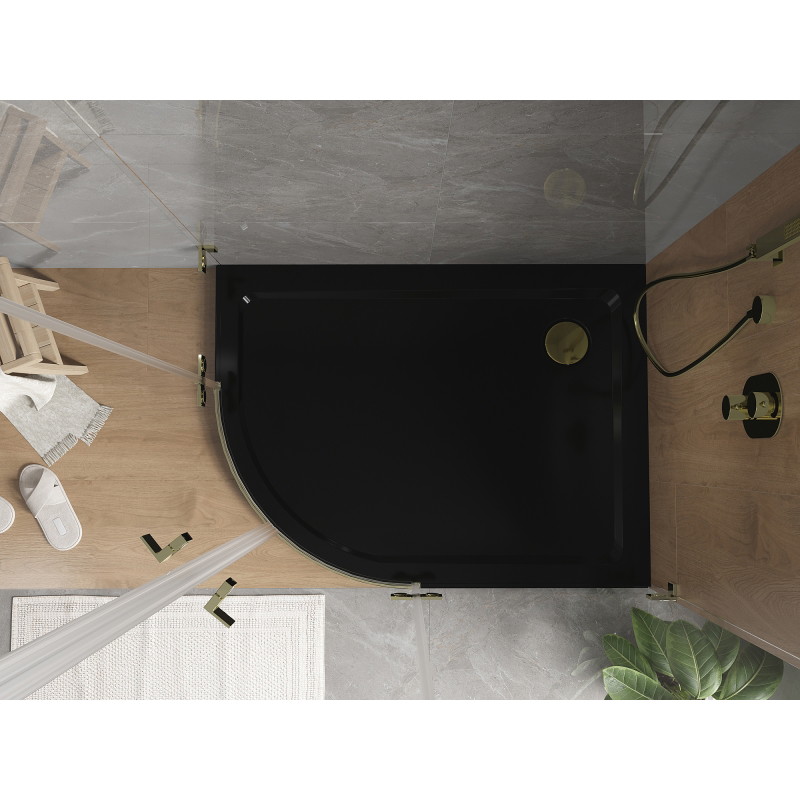 Mexen Flat polokruhový štíhly sprchový kút pravý 120 x 90 cm, čierny, sifón zlatý - 41709012P-G