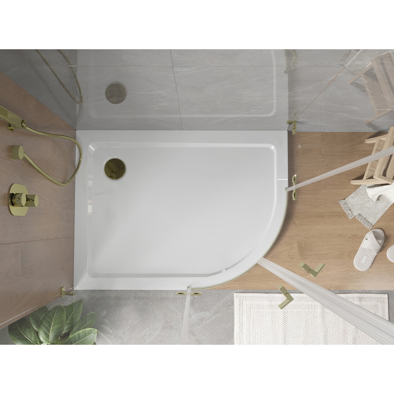 Mexen Flat polkruhový sprchový kút slim ľavý 120 x 80 cm, biely, sifón zlatý - 41108012L-G