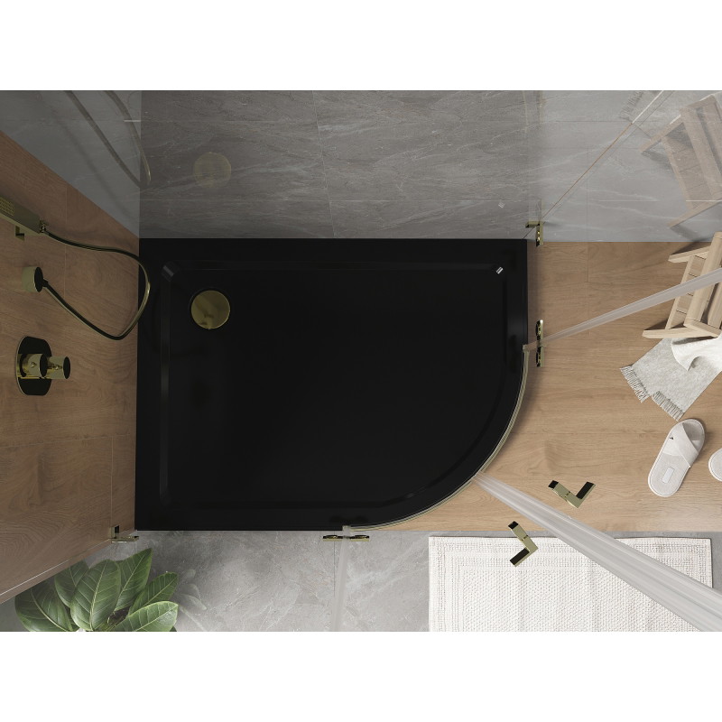 Mexen Flat polkruhová sprchová vanička slim ľavá 90 x 80 cm, čierna, sifón zlatý - 41708090L-G