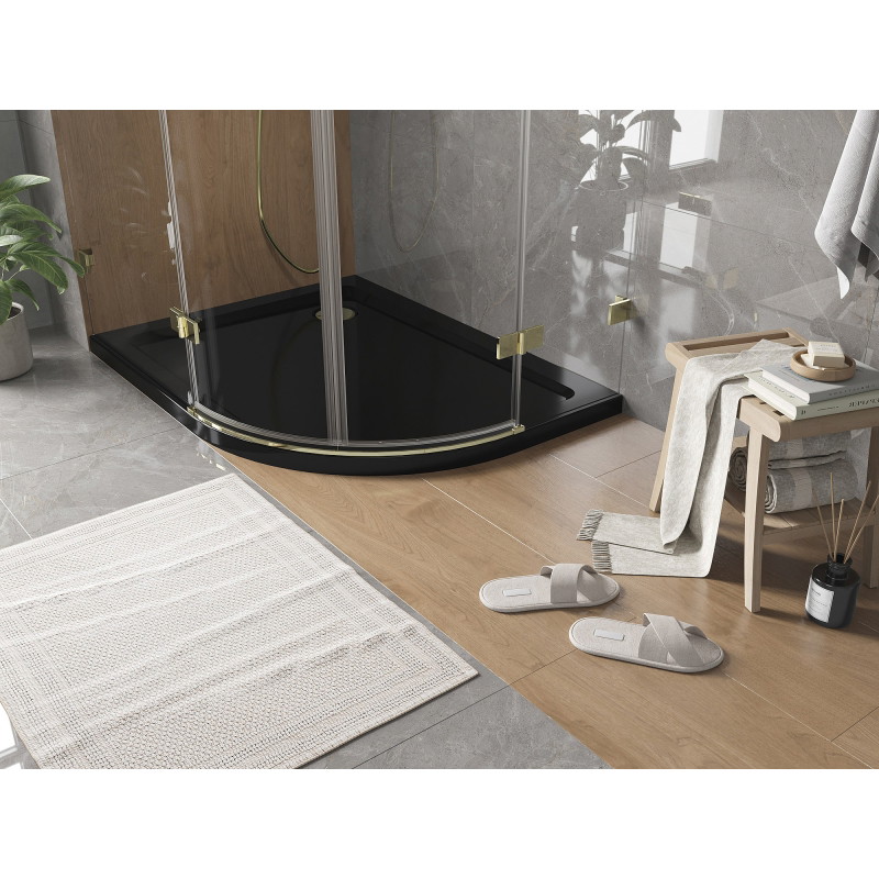 Mexen Flat polkruhový sprchový kút slim ľavý 90 x 80 cm, čierny, sifón zlatý - 41708090L-G