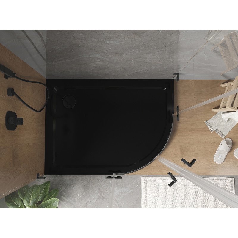 Mexen Flat polkruhový sprchový kút slim ľavý 90 x 80 cm, čierny, sifón čierny - 41708090L-B