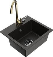 Mexen Milo granitový drez 1-komorový s kuchynskou batériou Telma, čierny/zlatý - 6505-75-670200-50-B