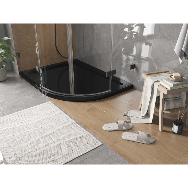 Mexen Flat polkruhový sprchový kút slim ľavý 100 x 90 cm, čierny, sifón čierny - 41709010L-B
