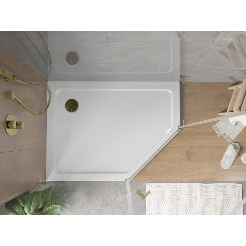 Mexen Flat slim päťuholníkový sprchový kút ľavý 90 x 80 cm, biely, sifón zlatý - 41P108090L-G