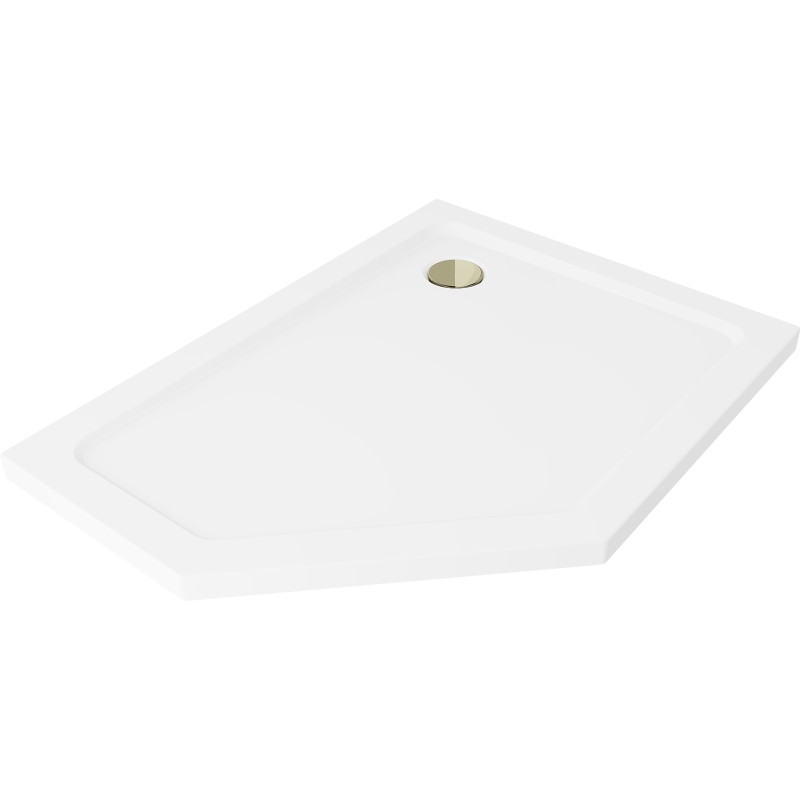 Mexen Flat sprchová vanička päťuholníková slim pravá 90 x 80 cm, biela, sifón zlatý - 41P108090R-G
