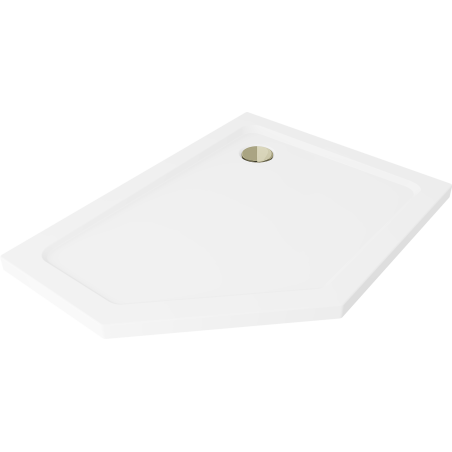 Mexen Flat sprchová vanička päťuholníková slim pravá 90 x 80 cm, biela, sifón zlatý - 41P108090R-G