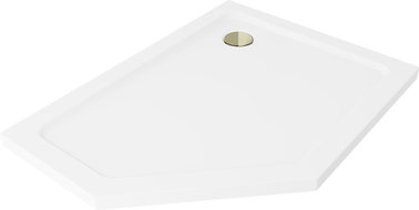 Mexen Flat sprchová vanička päťuholníková slim pravá 90 x 80 cm, biela, sifón zlatý - 41P108090R-G