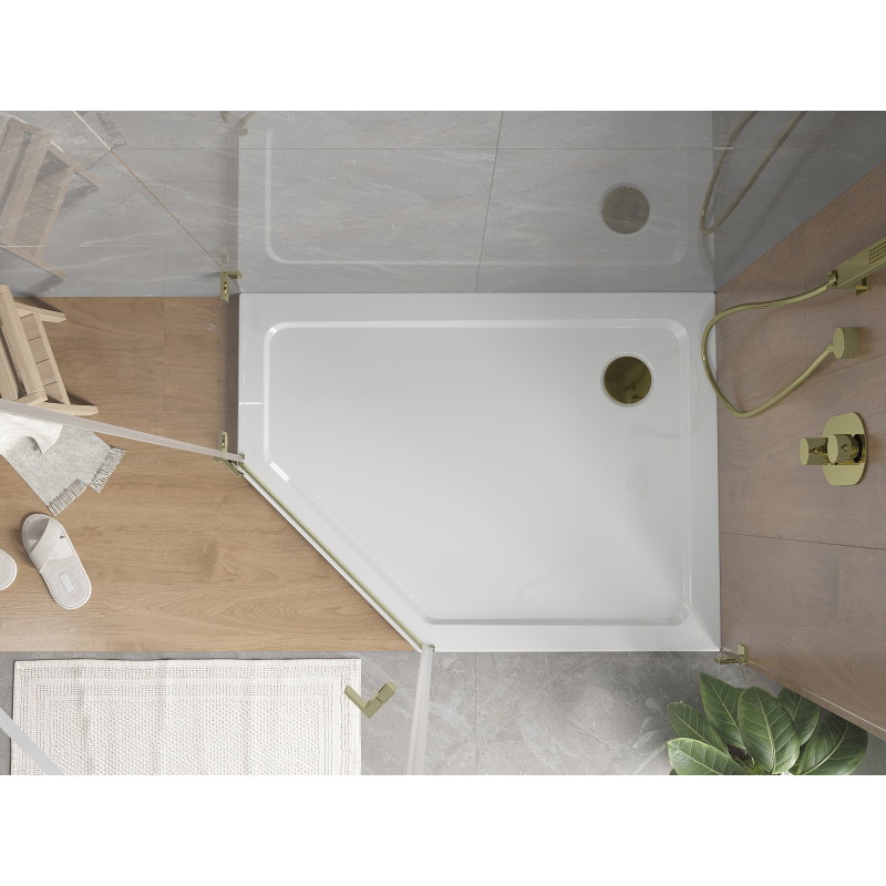 Mexen Flat sprchová vanička päťuholníková slim pravá 90 x 80 cm, biela, sifón zlatý - 41P108090R-G