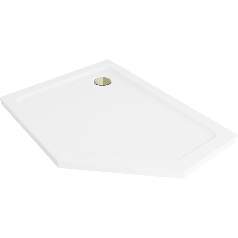 Mexen Flat Päťuholníková sprchová vanička slim ľavá 100 x 80 cm, biela, zlatý sifón - 41P108010L-G
