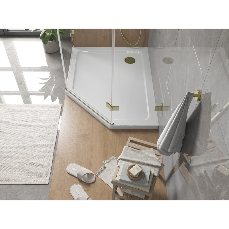 Mexen Flat Päťuholníková sprchová vanička slim ľavá 100 x 80 cm, biela, zlatý sifón - 41P108010L-G