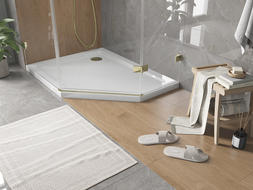 Mexen Flat Päťuholníková sprchová vanička slim ľavá 100 x 80 cm, biela, zlatý sifón - 41P108010L-G
