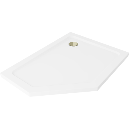 Mexen Flat päťuholníkový sprchový kút slim pravý 100 x 90 cm, biely, sifón zlatý - 41P109010R-G