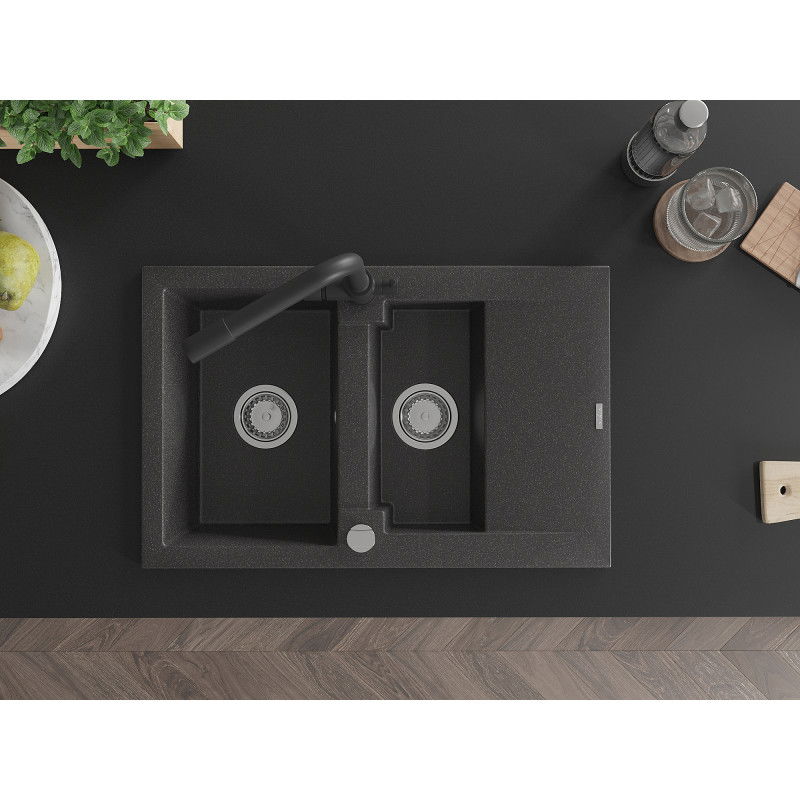Mexen Gaspar granitový drez 1,5-komorový s odkvapkávačom a kuchynskou batériou Duero, čierny s fŕkancami