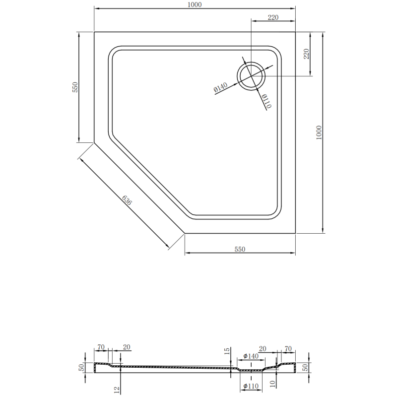 Mexen Flat pentagonálny sprchový kút slim 100 x 100 cm, biely, zlatý sifón - 41P101010-G