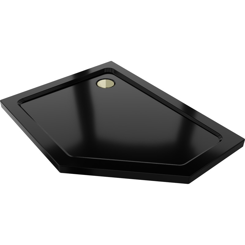 Mexen Flat brodzik päťuholníkový slim ľavý 90 x 80 cm, čierny, sifón zlatý - 41P708090L-G