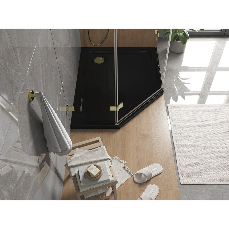 Mexen Flat slim päťuholníkový sprchový kút pravý 90 x 80 cm, čierny, sifón zlatý - 41P708090R-G