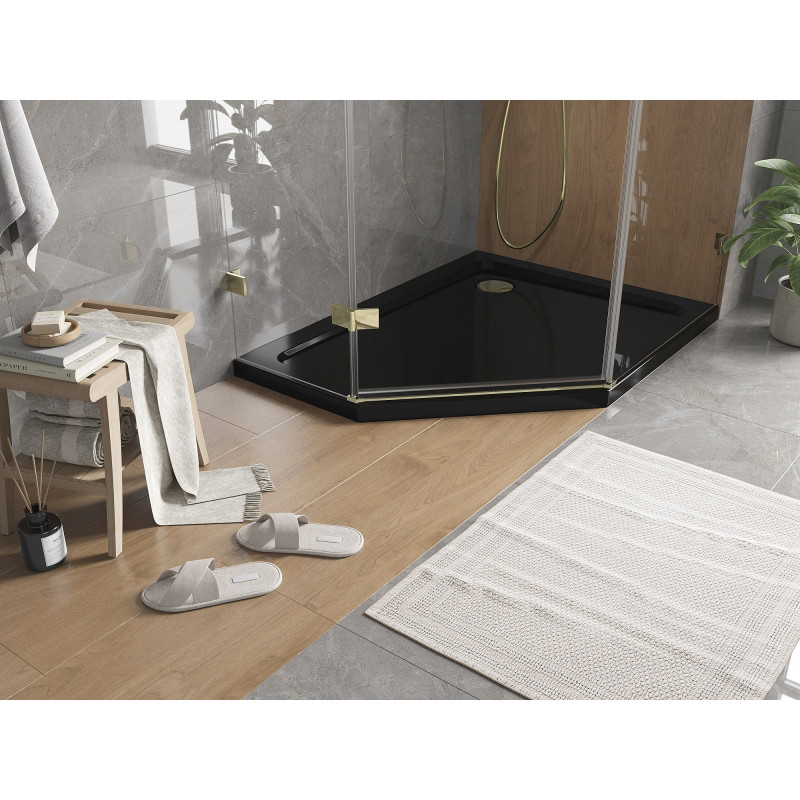 Mexen Flat päťhranný sprchový kút slim pravý 100 x 80 cm, čierny, zlatý sifón - 41P708010R-G