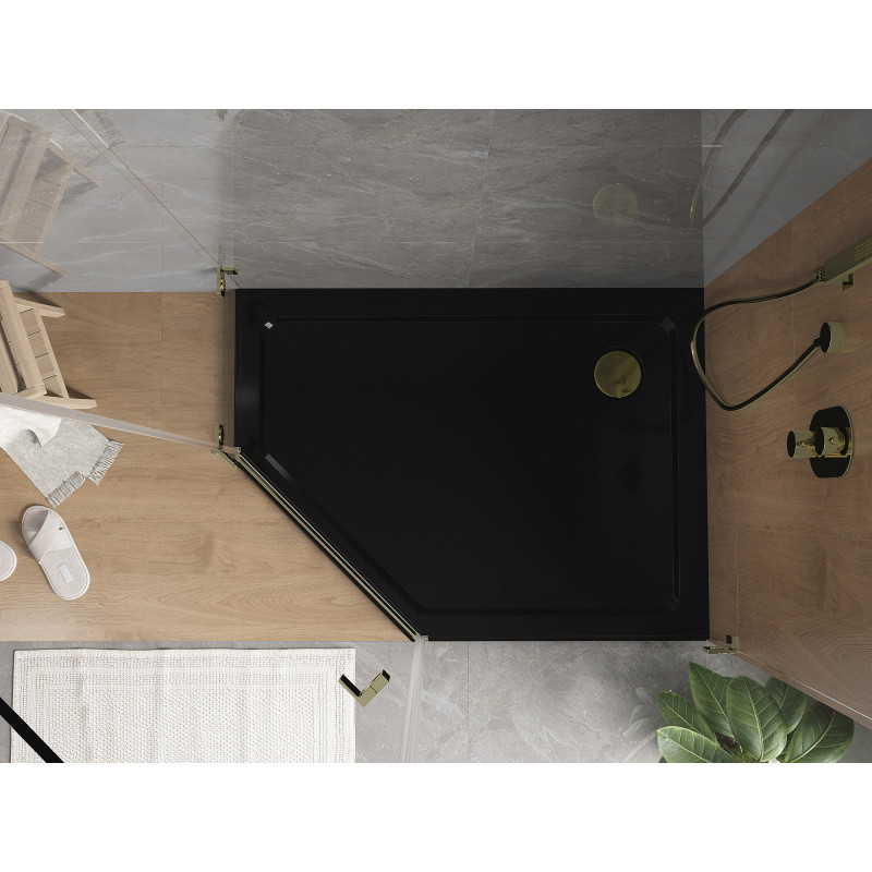 Mexen Flat päťhranný sprchový kút slim pravý 100 x 80 cm, čierny, zlatý sifón - 41P708010R-G