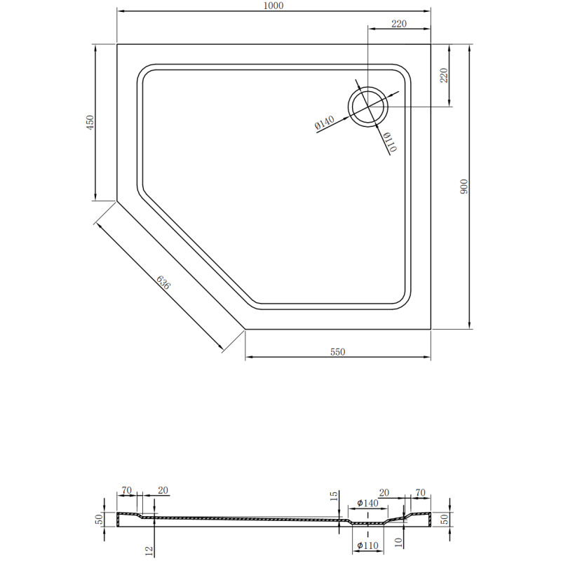 Mexen Flat päťuholníková sprchová vanička slim pravá 100 x 90 cm, čierna, zlatý sifón - 41P709010R-G
