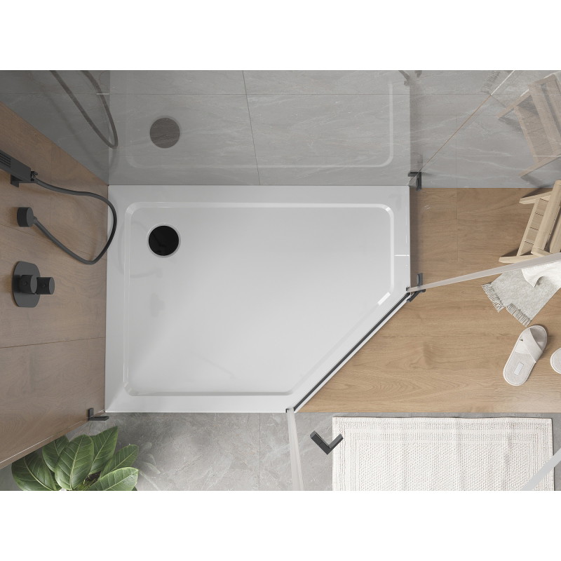 Mexen Flat sprchová vanička päťuholníková slim ľavá 90 x 80 cm, biela, čierny sifón - 41P108090L-B