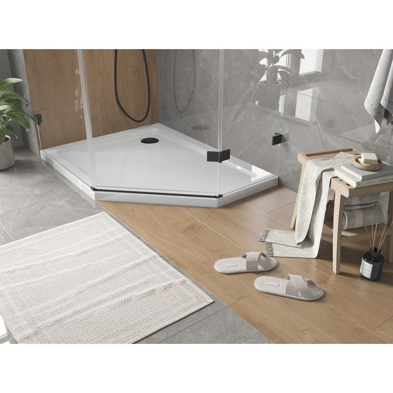 Mexen Flat päťuholníková sprchová vanička slim ľavá 100 x 80 cm, biela, sifón čierny - 41P108010L-B