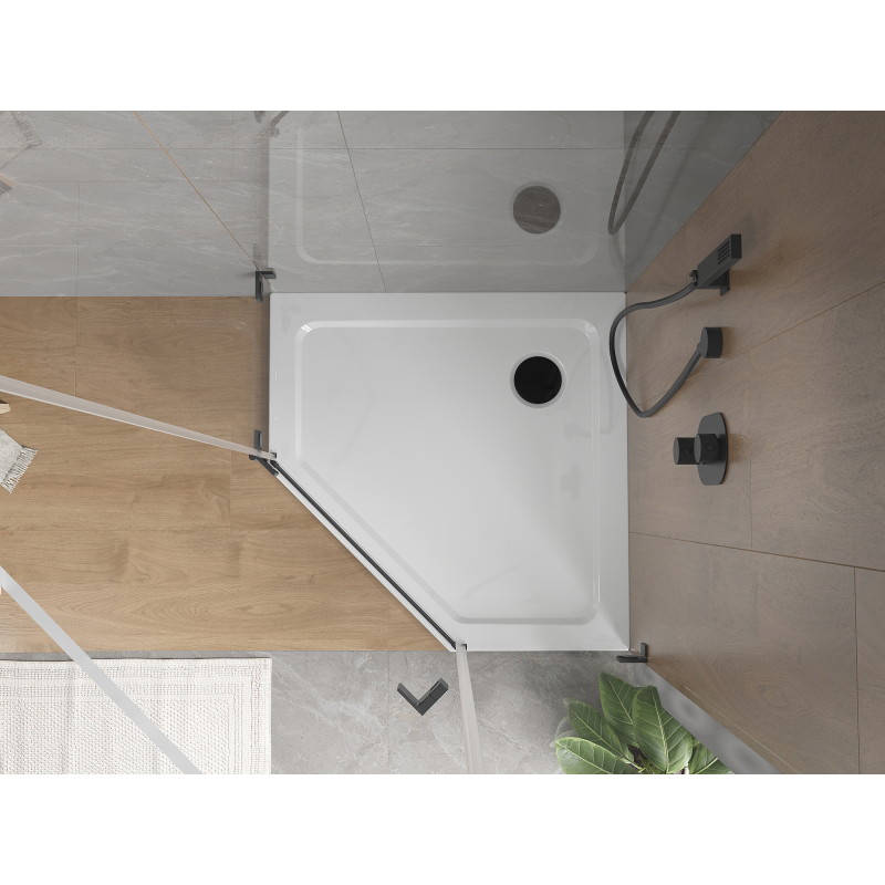 Mexen Flat päťuholníkový sprchový kút slim 90 x 90 cm, biely, čierny sifón - 41P109090-B