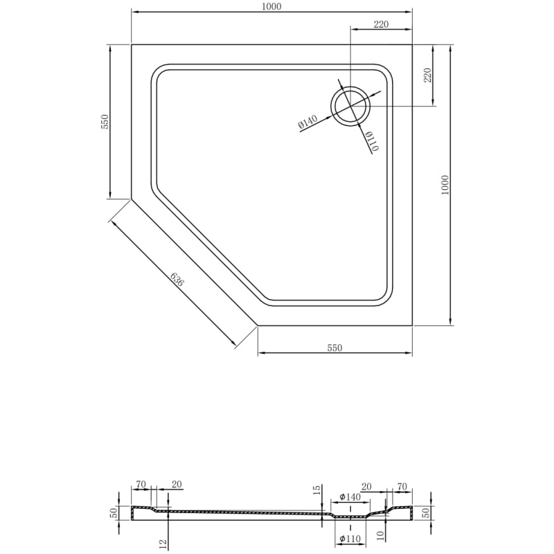 Mexen Flat pätuholníková sprchová vanička slim 100 x 100 cm, biela, sifón čierny - 41P101010-B
