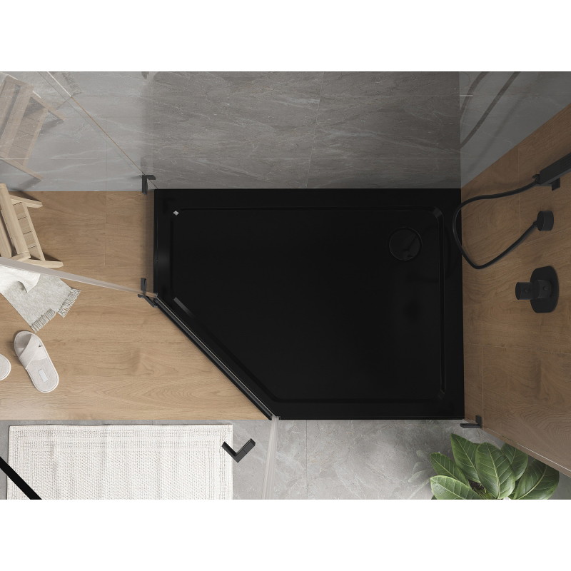 Mexen Flat päťuholníkový sprchový kút slim pravý 90 x 80 cm, čierny, sifón čierny - 41P708090R-B