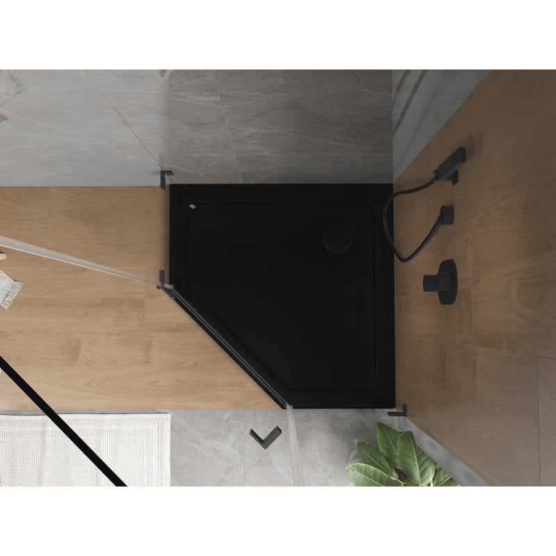 Mexen Flat päťuholníkový sprchový kút slim 90 x 90 cm, čierny, čierny sifón - 41P709090-B