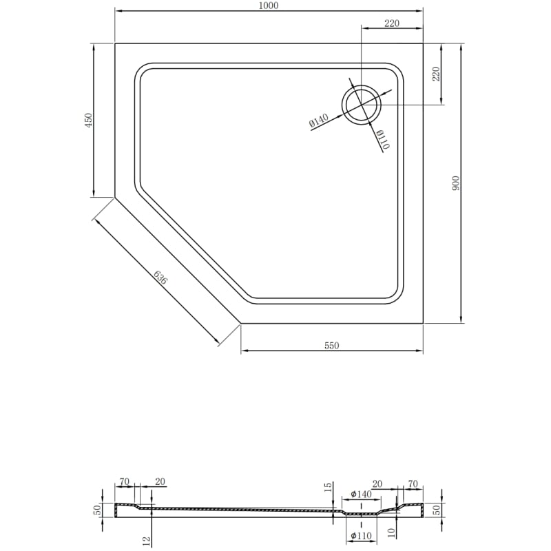 Mexen Flat päťuholníkový sprchovací kút slim pravý 100 x 90 cm, čierny, sifón čierny - 41P709010R-B