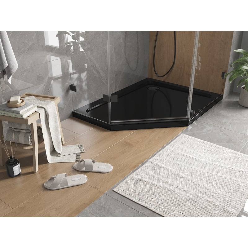 Mexen Flat päťuholníkový sprchovací kút slim pravý 100 x 90 cm, čierny, sifón čierny - 41P709010R-B