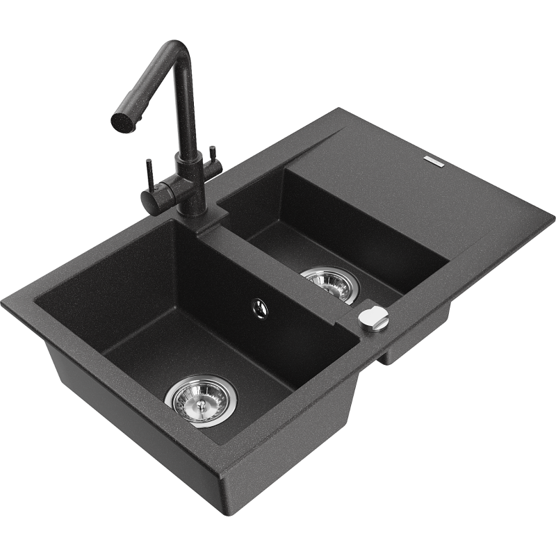 Mexen Gaspar granitový drez 1,5-komorový s odkvapkávačom a kuchynskou batériou Duero, čierny škvrnitý
