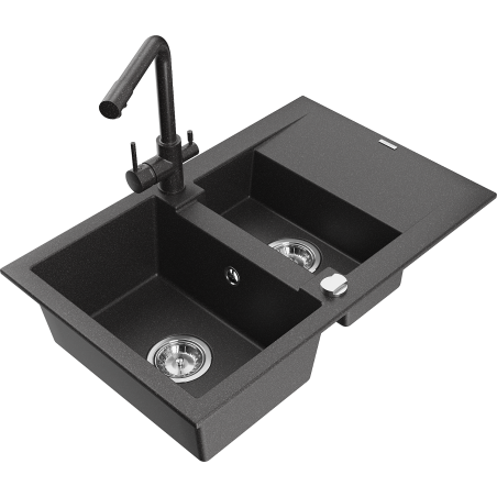 Mexen Gaspar granitový drez 1,5-komorový s odkvapkávačom a kuchynskou batériou Duero, čierny škvrnitý