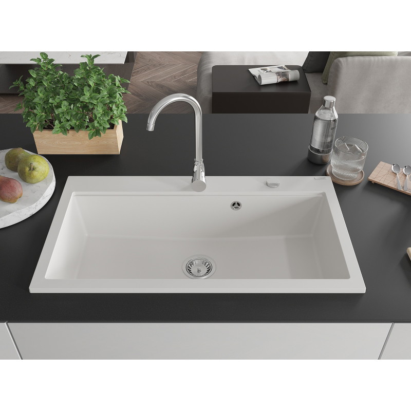 Mexen Slido granitový jednodrez 900 x 500 mm, biely, chrómový sifón - 6528901005-20