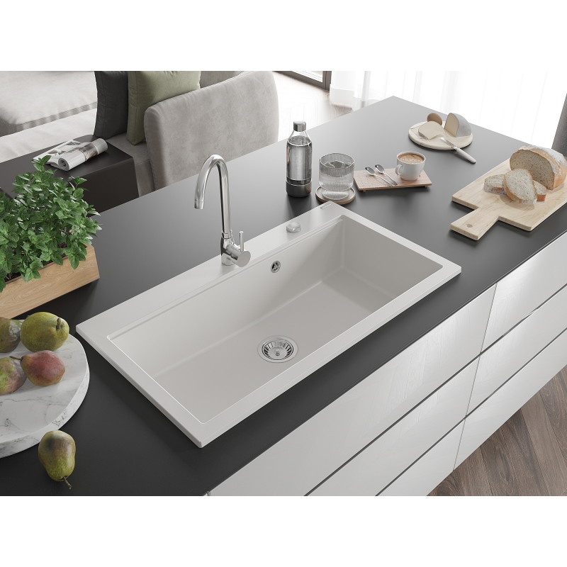 Mexen Slido granitový jednodrez 900 x 500 mm, biely, chrómový sifón - 6528901005-20